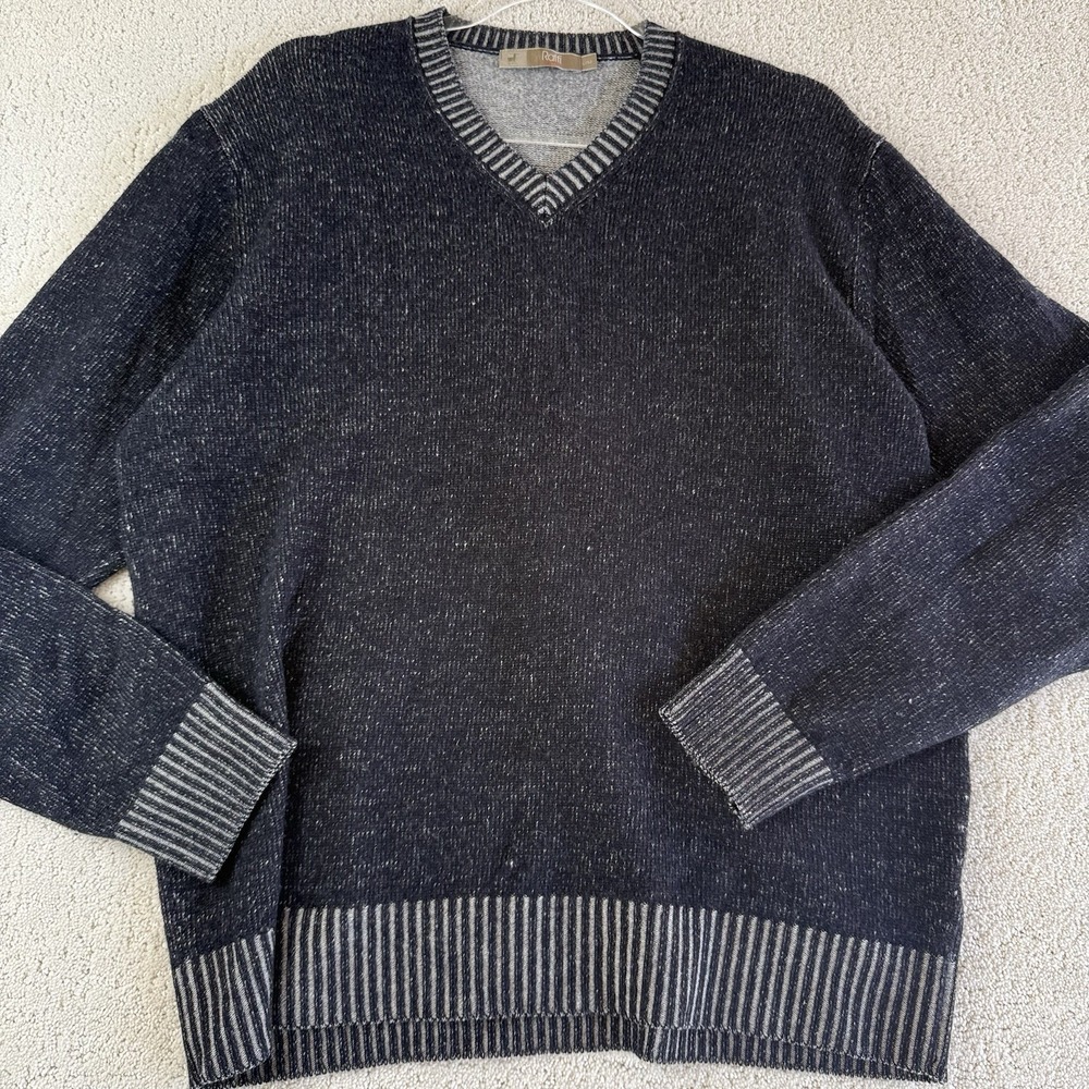 Raffi Wool Cashmere‎ V Neck Sweater Mens L Navy Grey Trim $225